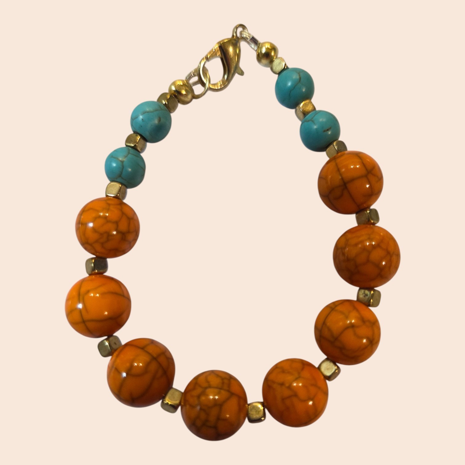 Orange & Turquoise Stone-Look Bead Bracelet  Gold-Tone Lobster Clasp