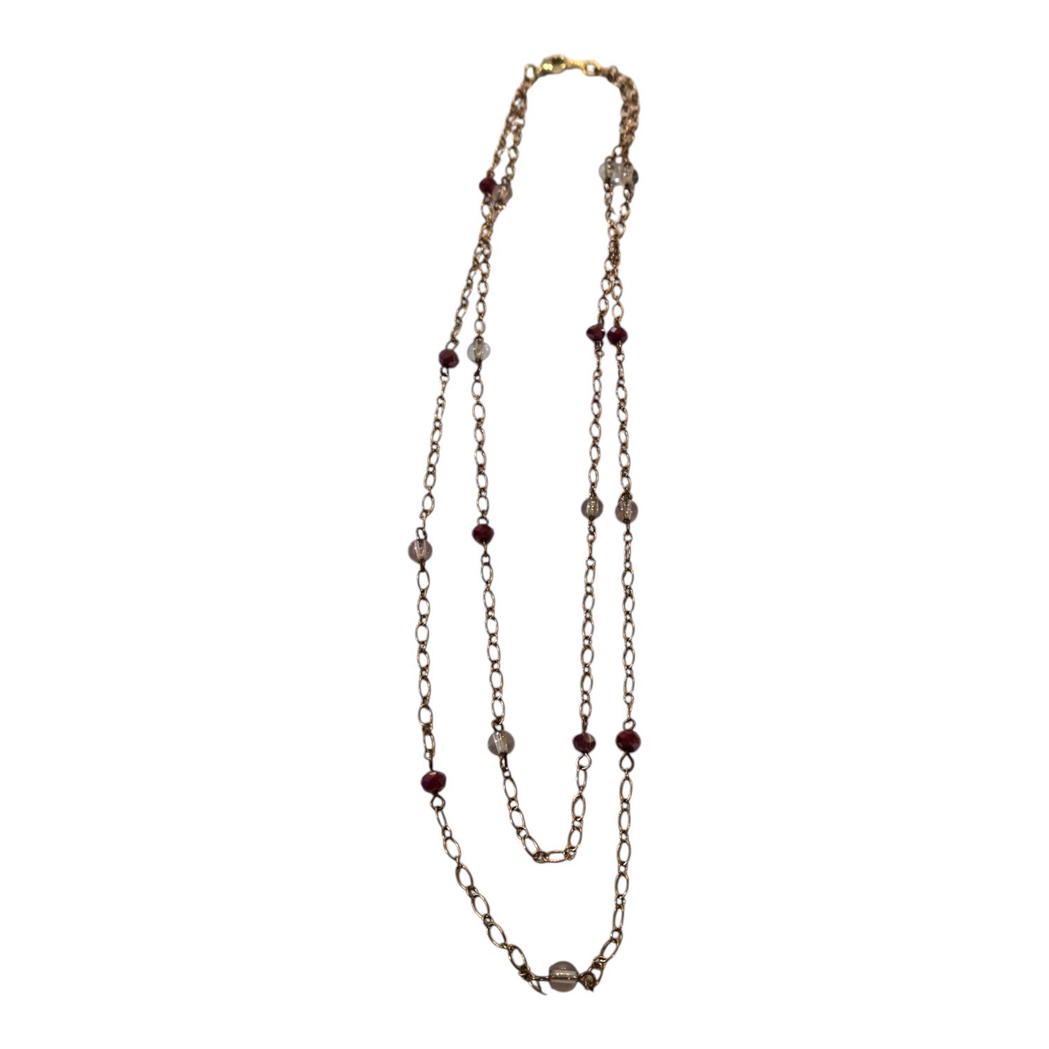 Double-Strand Gold-Tone Chain Necklace with Red & Clear Bead Accents