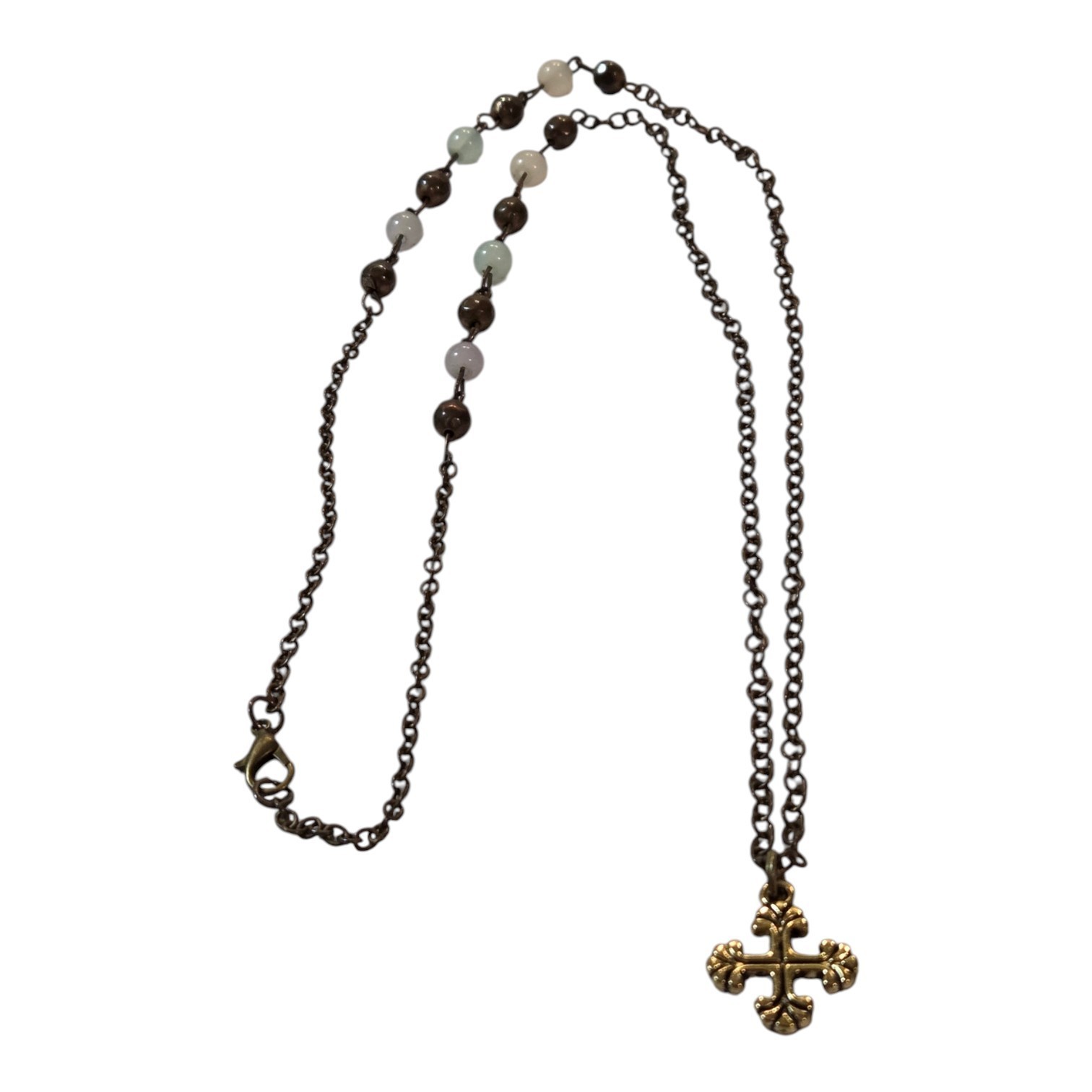 Antique Brass-Tone Beaded Cross Pendant Necklace  Fleur-de-Lis Style