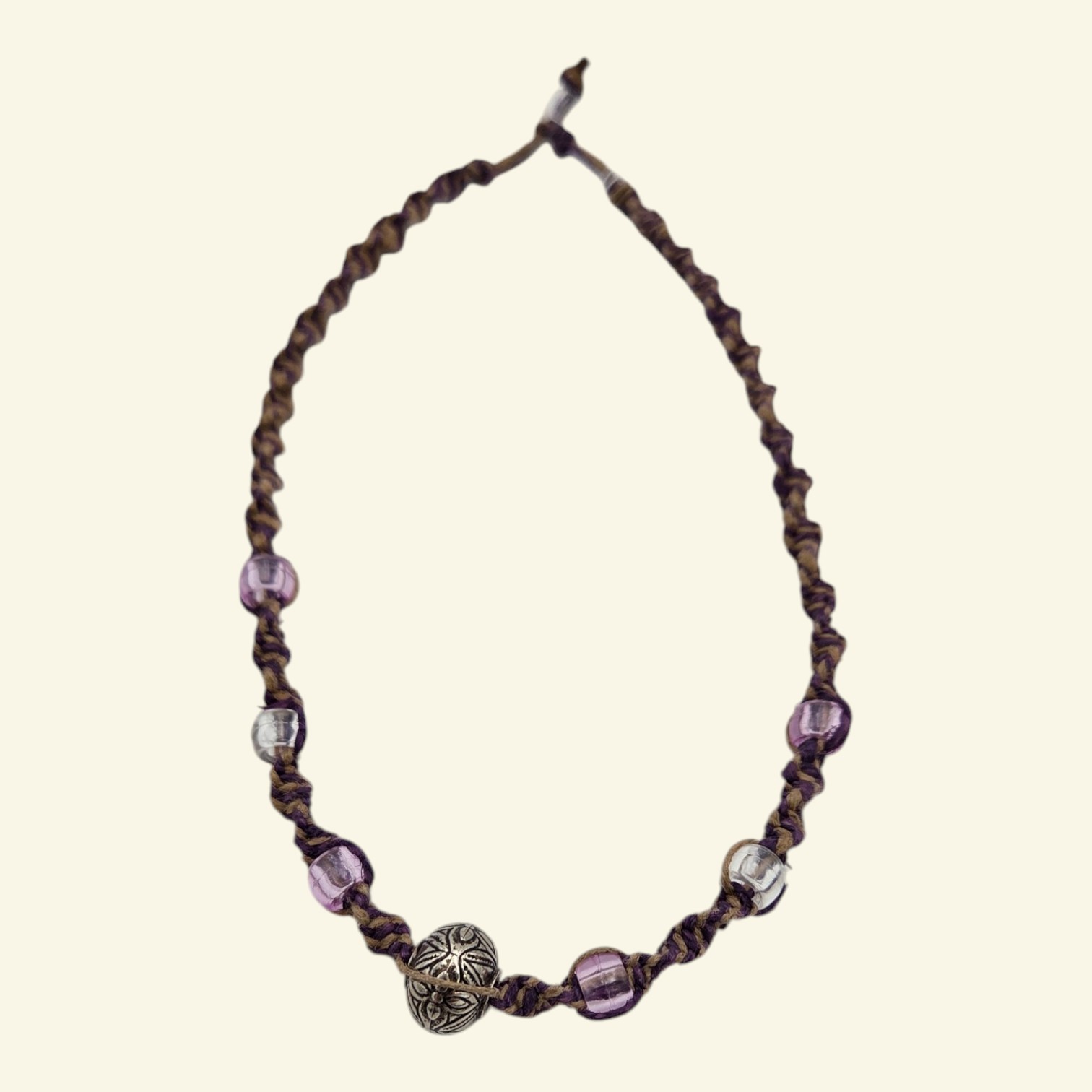 Braided Purple & Tan Cord Necklace with Translucent Beads & Silver-Tone Center