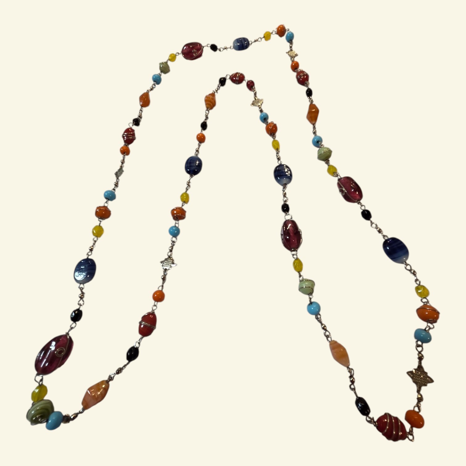 Lot of 2 Long Multicolor Beaded Necklaces with Silver-Tone Links