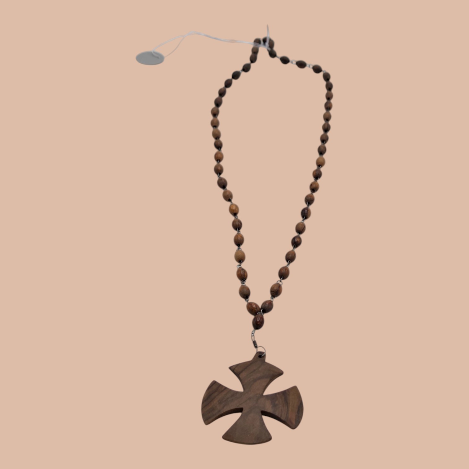 Brown Wooden Bead Necklace with Large Wood Cross Pendant
