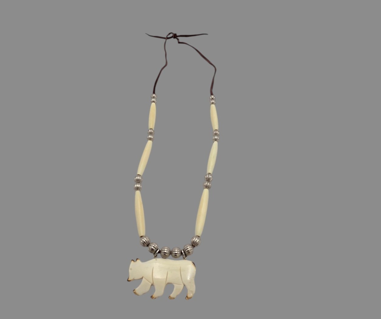 Carved Bear Pendant Necklace with Ivory-Tone Beads & Silver-Tone Accents