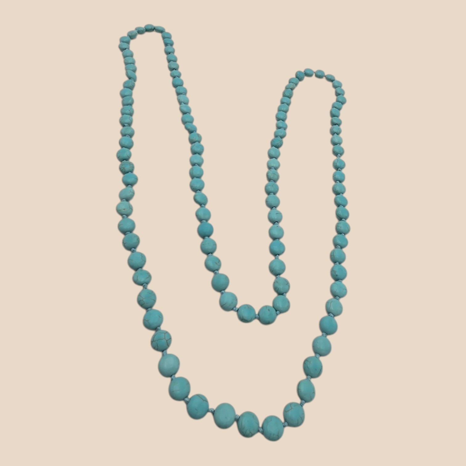 Long Graduated Turquoise-Color Stone Bead Necklace  Knotted Strand