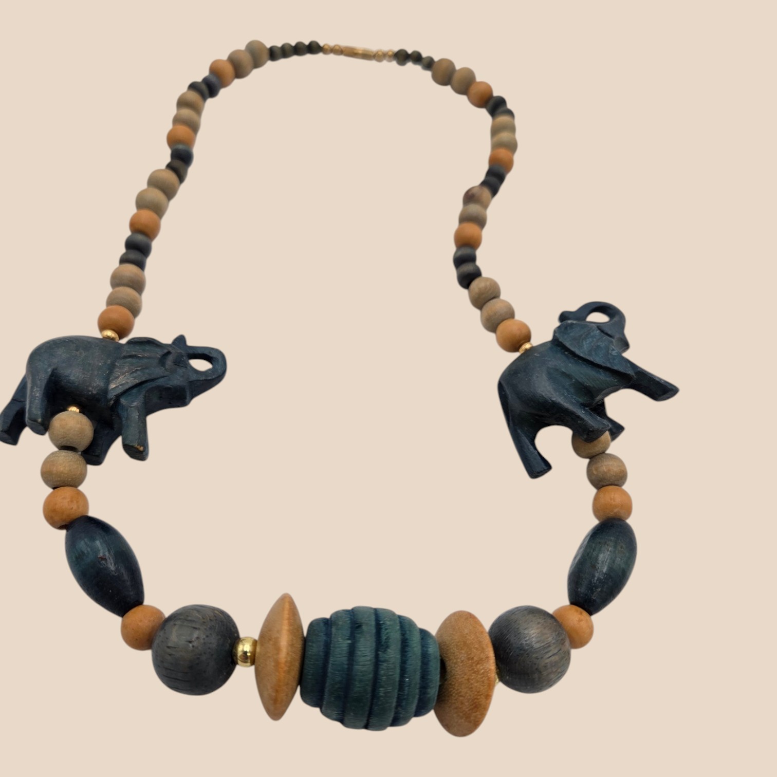 Carved Wood Elephant Bead Statement Necklace  Black, Gray & Brown