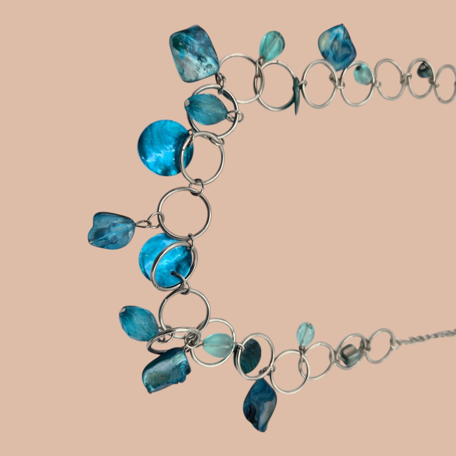 Blue Shell-Style Charm Statement Necklace  Silver-Tone Ring Chain