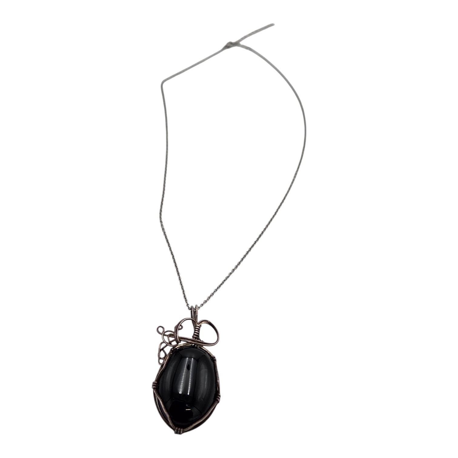 Black Oval Cabochon Wire-Wrapped Pendant Necklace  Adjustable Chain