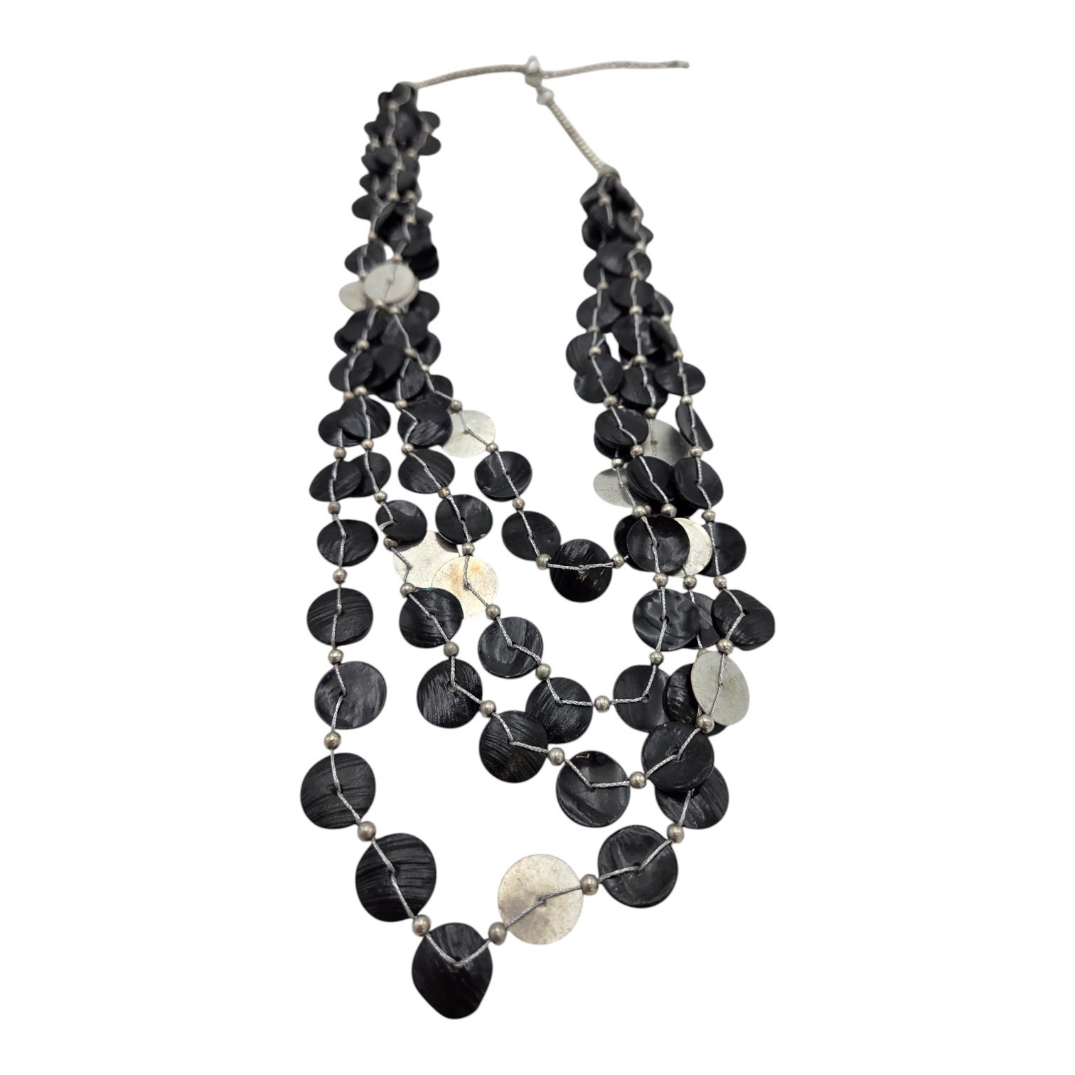 Multi-Strand Black Disc Bead Statement Necklace with Silver-Tone Accents