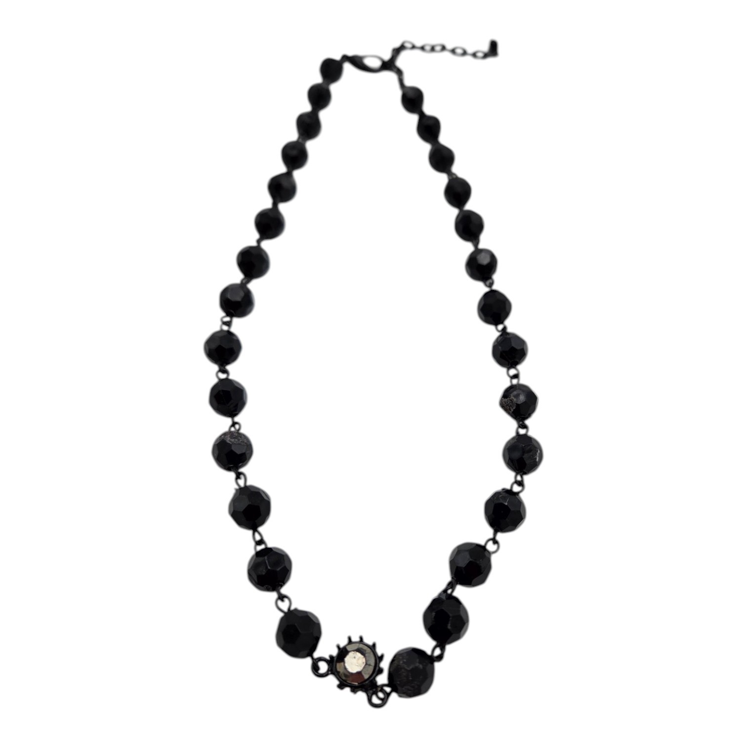 Black Faceted Bead Necklace with Cameo-Style Centerpiece