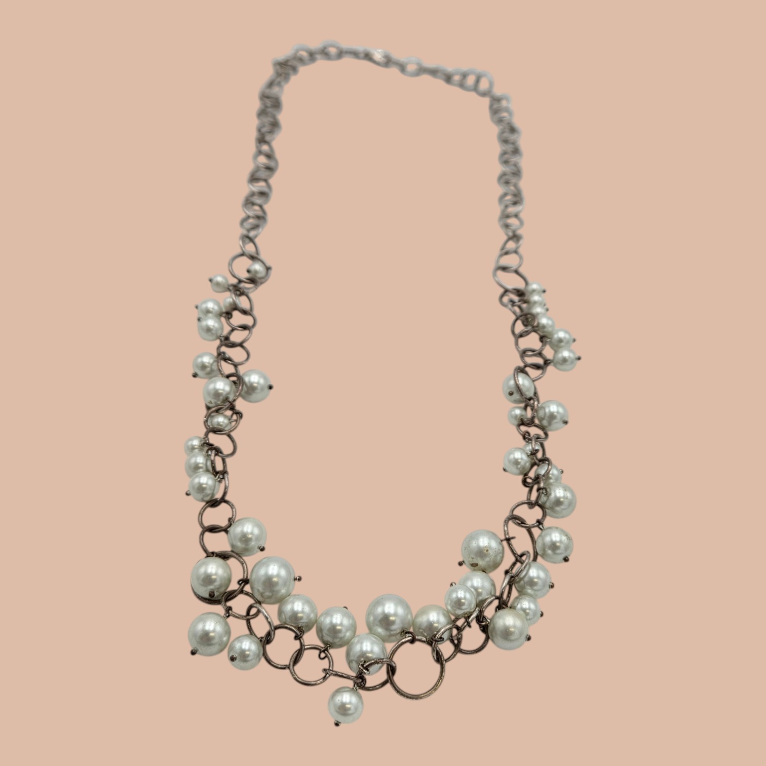 Silver-Tone Open Link Faux Pearl Cluster Statement Necklace
