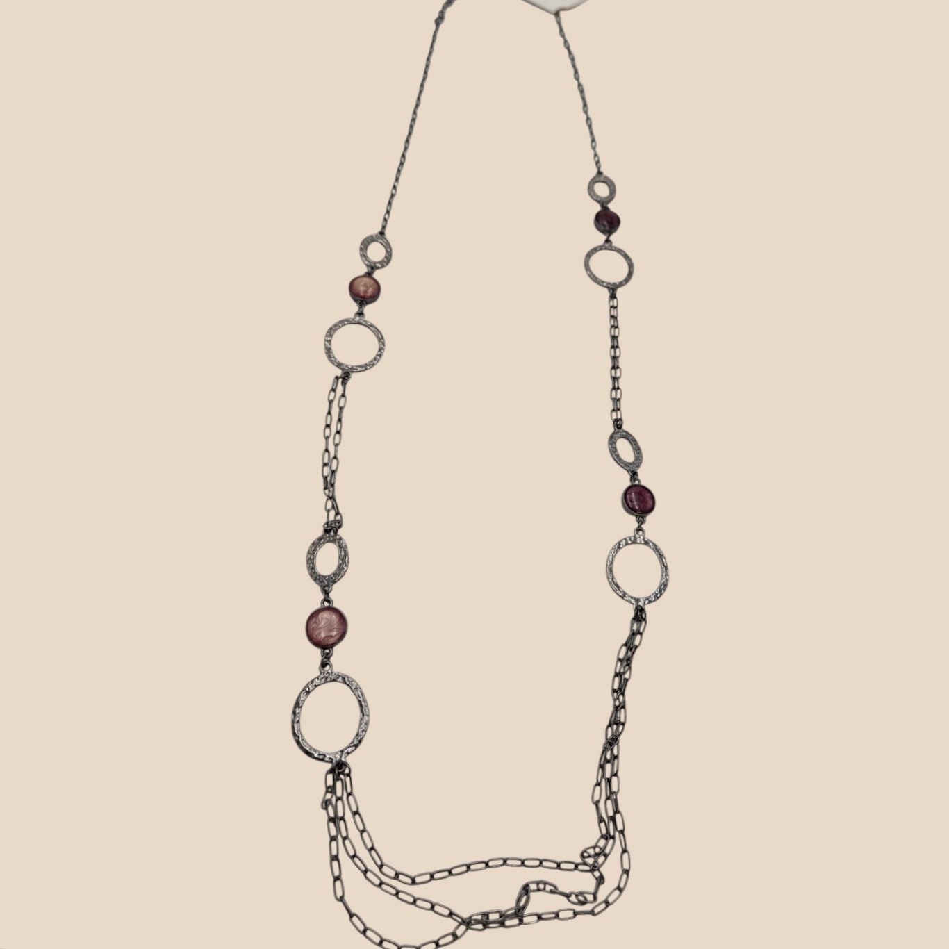 Long Multi-Strand Silver-Tone Chain Necklace with Hammered Rings & Burgundy Beads