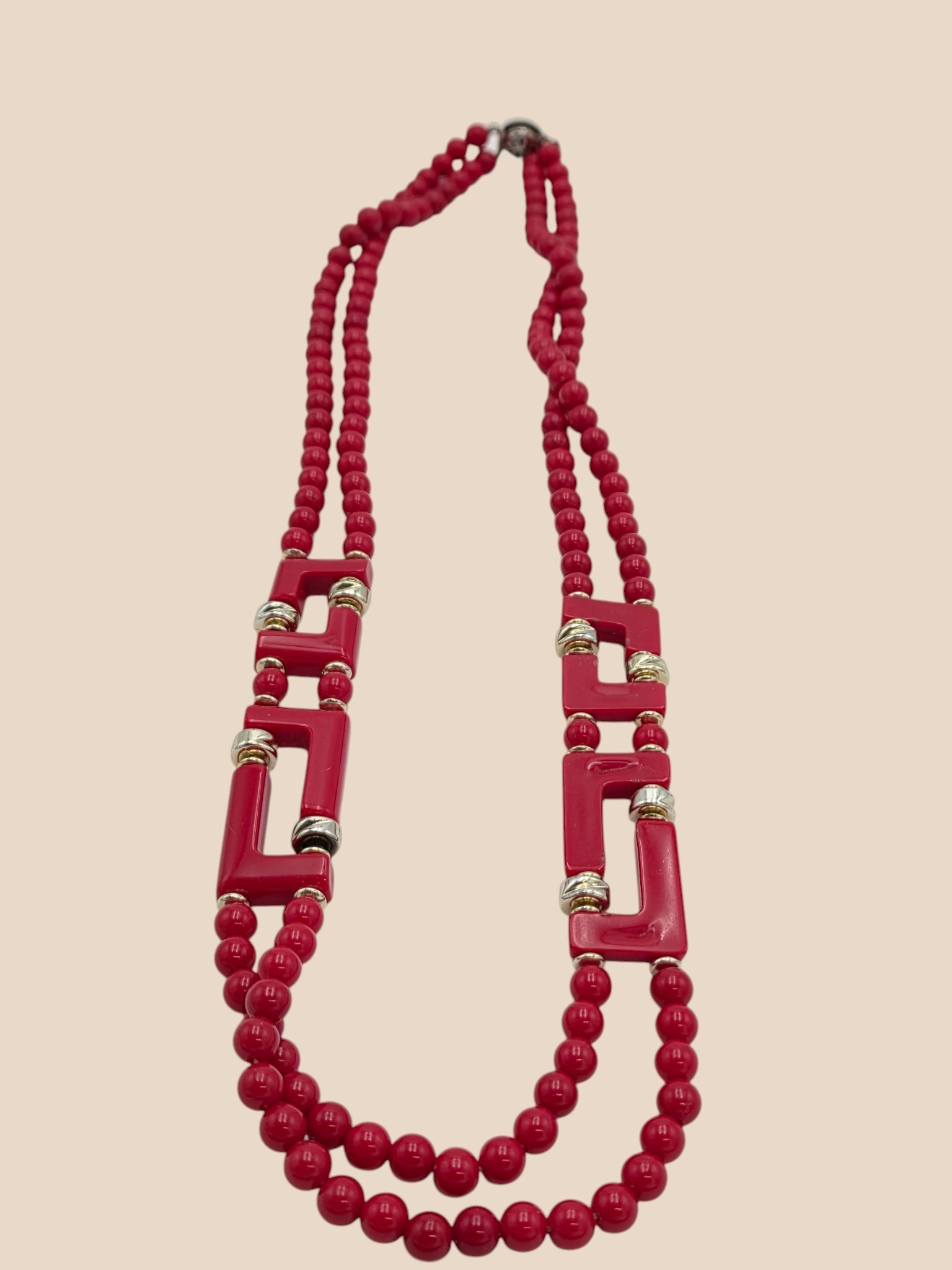 Double-Strand Red Beaded Statement Necklace with Geometric Accents