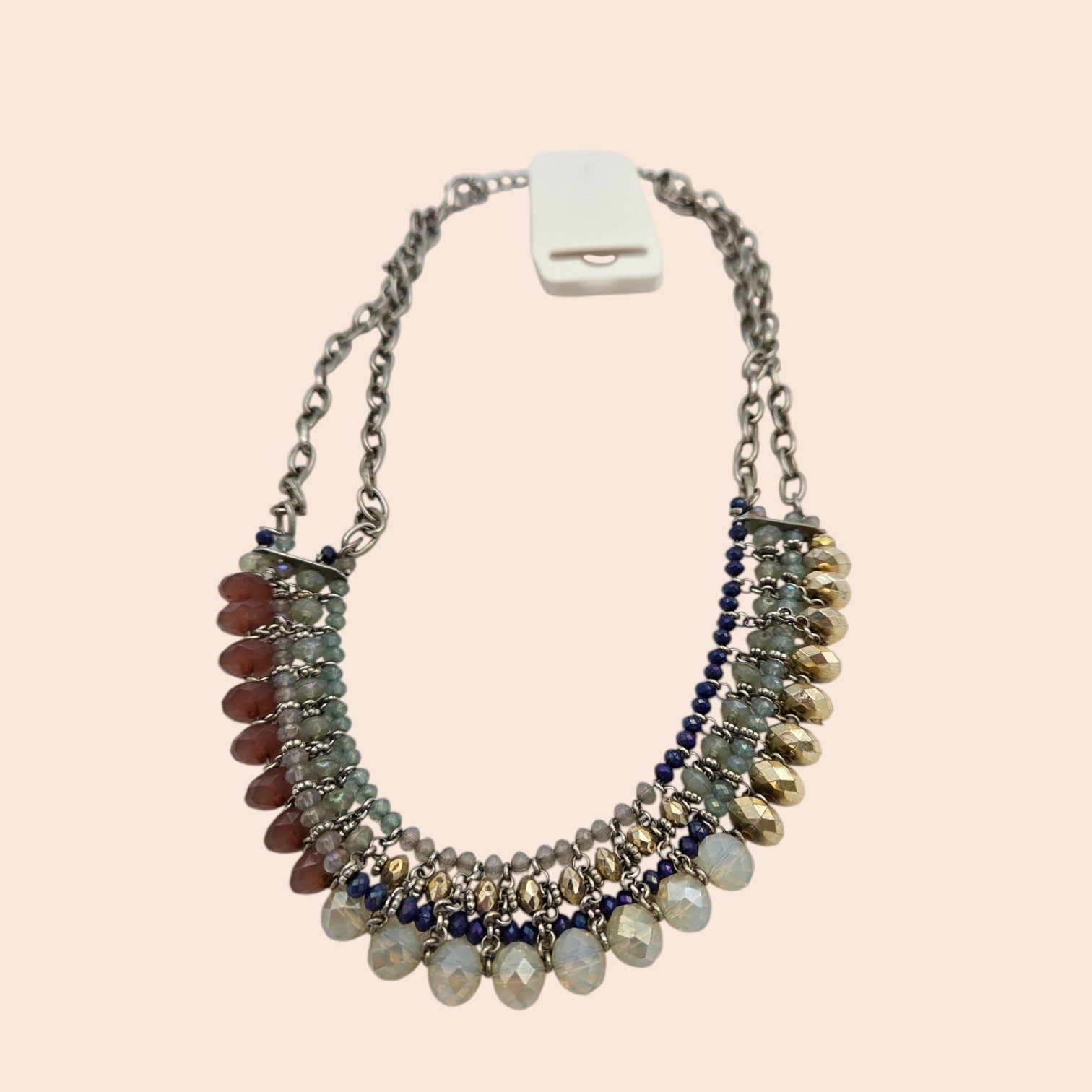 Layered Faceted Bead Bib Statement Necklace  Blue, Gray, Rust & Gold-Tone