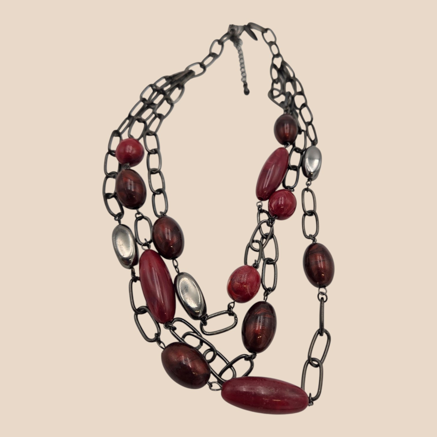 Multi-Strand Gunmetal-Tone Chain Necklace with Burgundy & Silver-Tone Beads