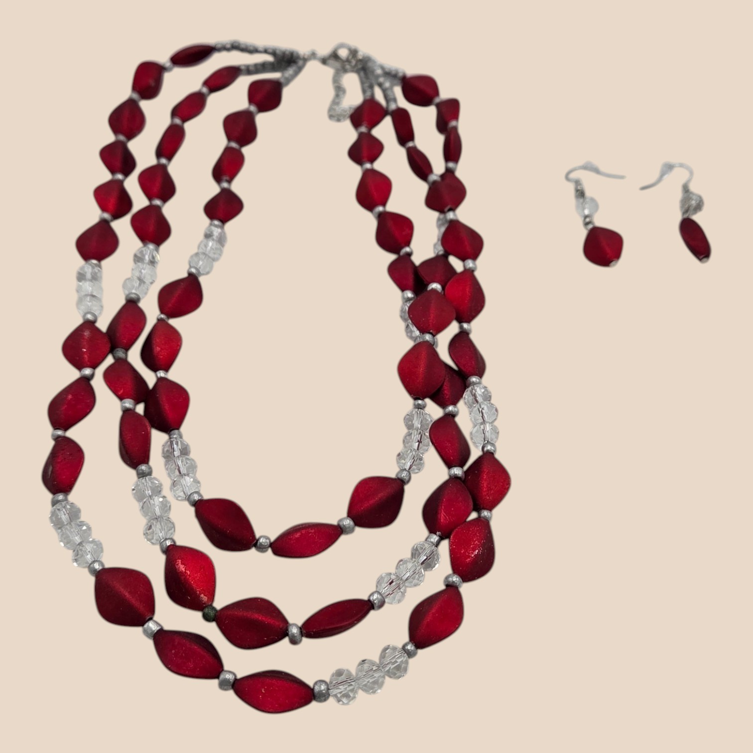 3-Strand Red & Clear Beaded Statement Necklace with Matching Earrings