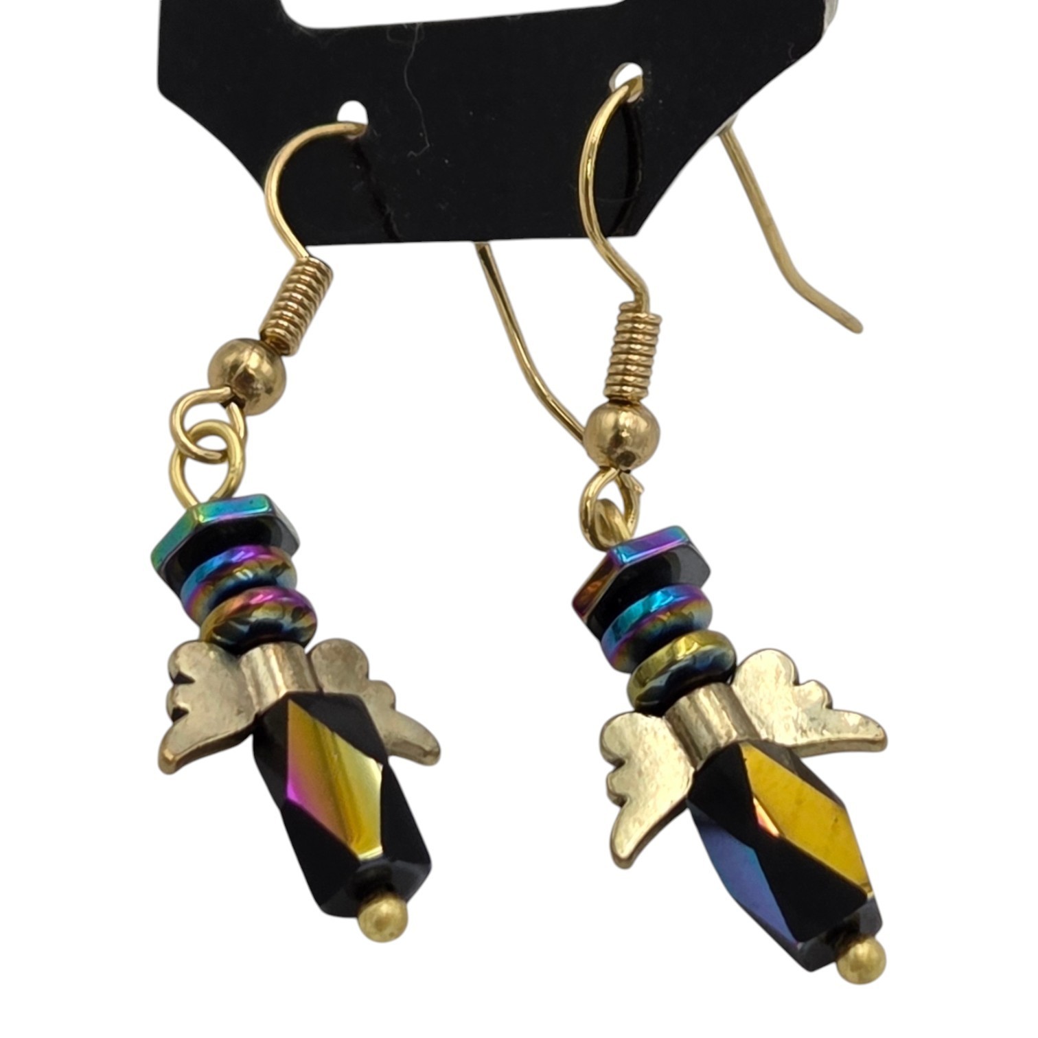 Gold-Tone Iridescent Beaded Angel Wing Dangle Hook Earrings