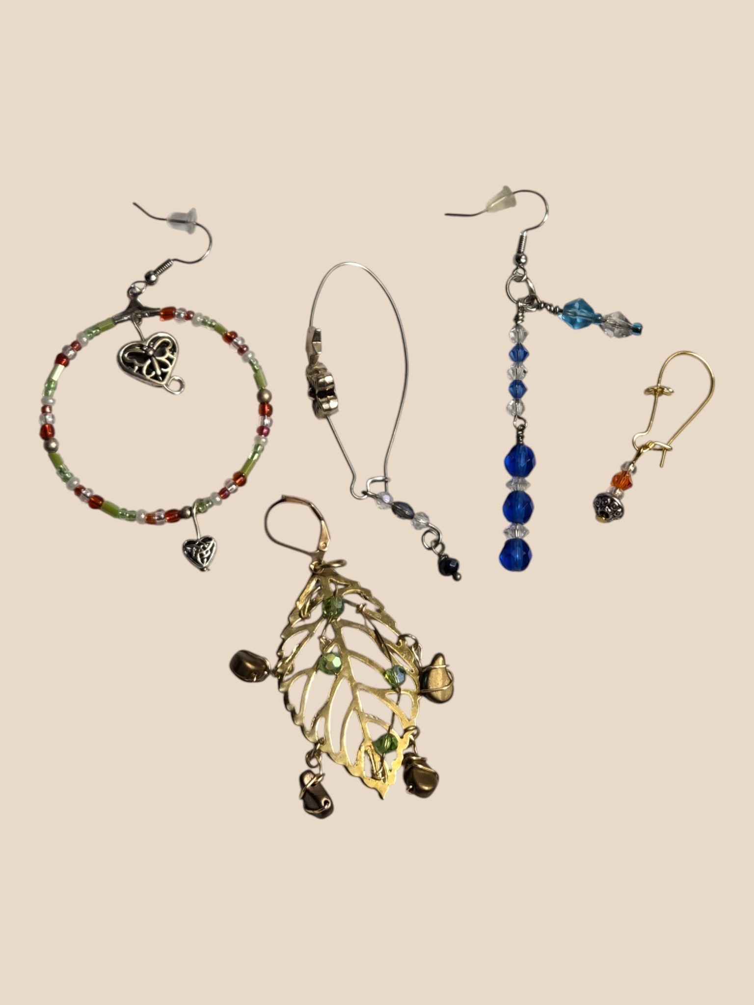 Assorted Mismatched Single Dangle Earrings Lot of 5  Beads, Hearts & Leaf
