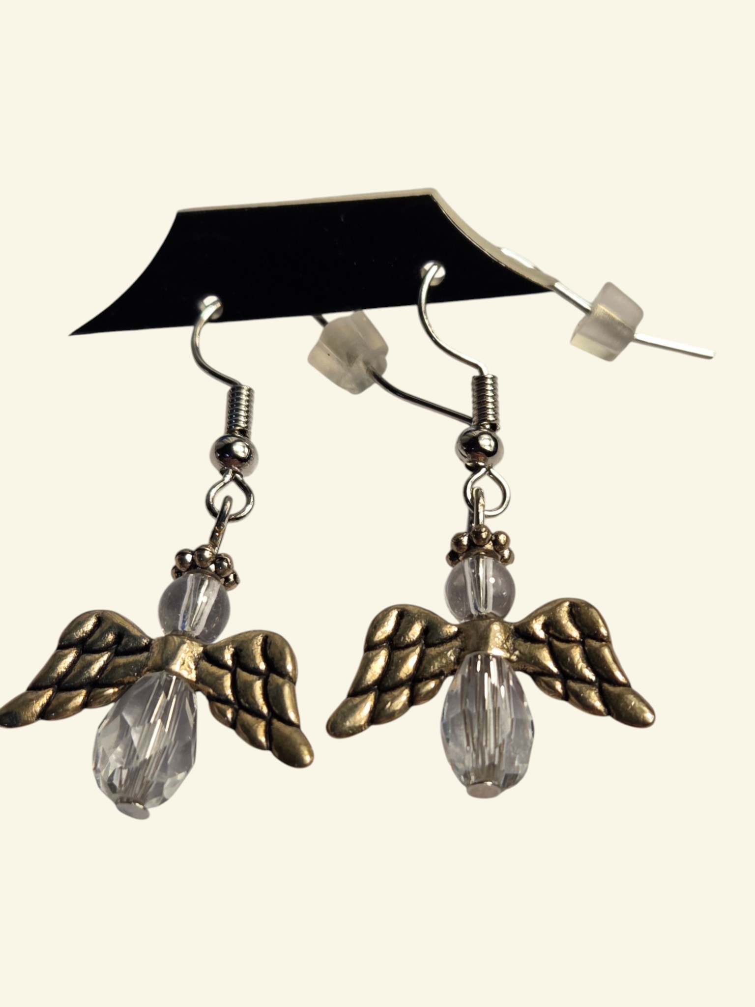 Handmade Clear Crystal-Style Beaded Angel Wing Dangle Hook Earrings