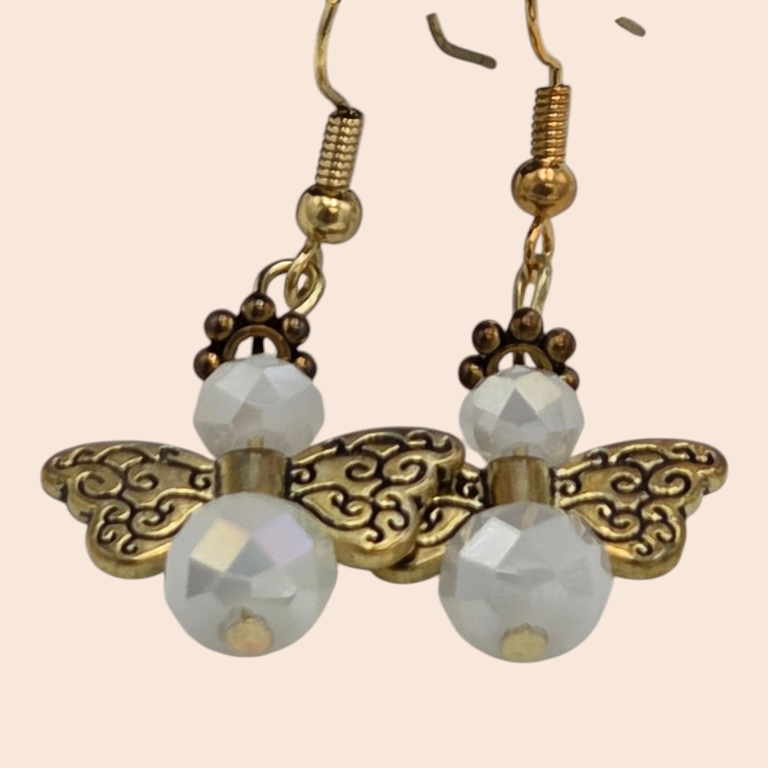 Gold-Tone Angel Wing White Faceted Bead Dangle Earrings