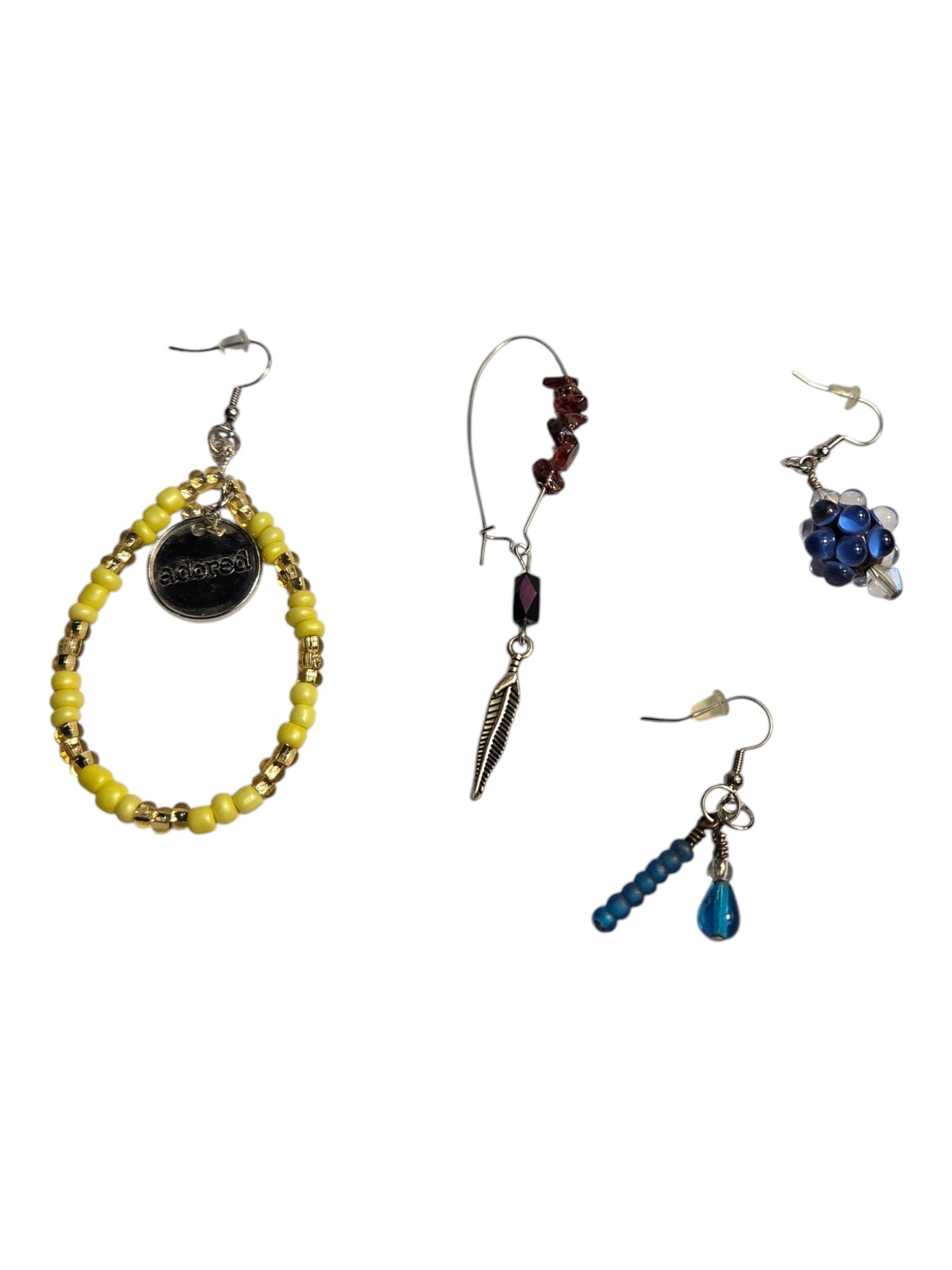 Lot of 4 Assorted Single Beaded Dangle Earrings  Blue, Yellow & Leaf Charm