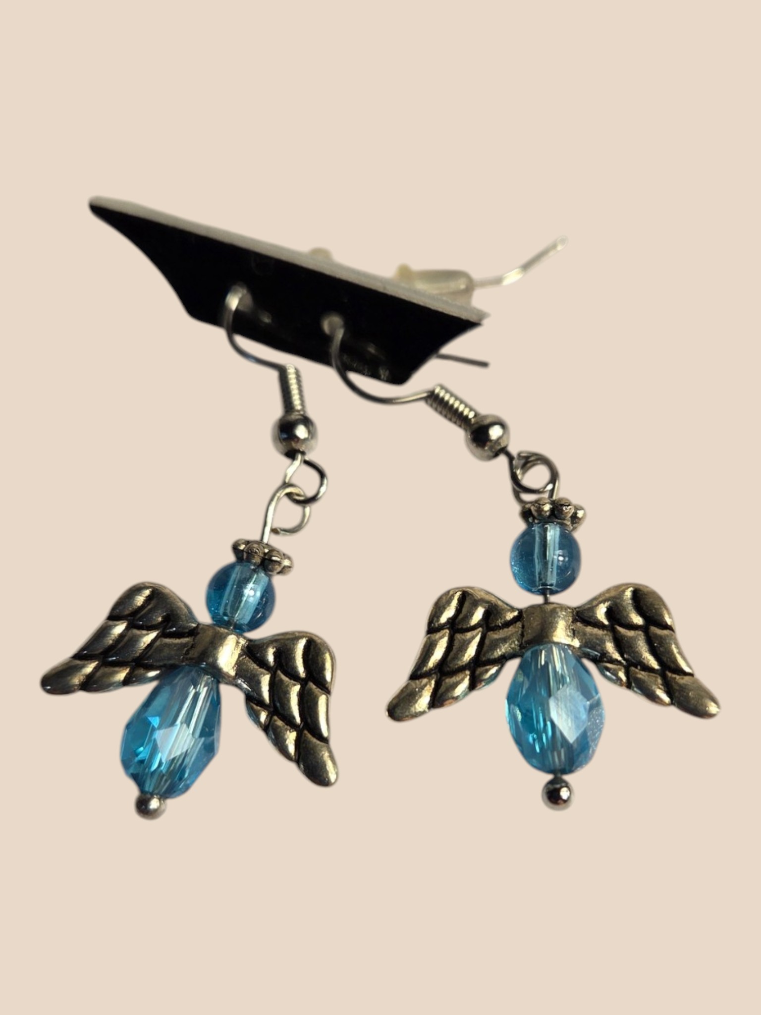 Handmade Blue Beaded Angel Wing Dangle Earrings with Silver-Tone Hooks