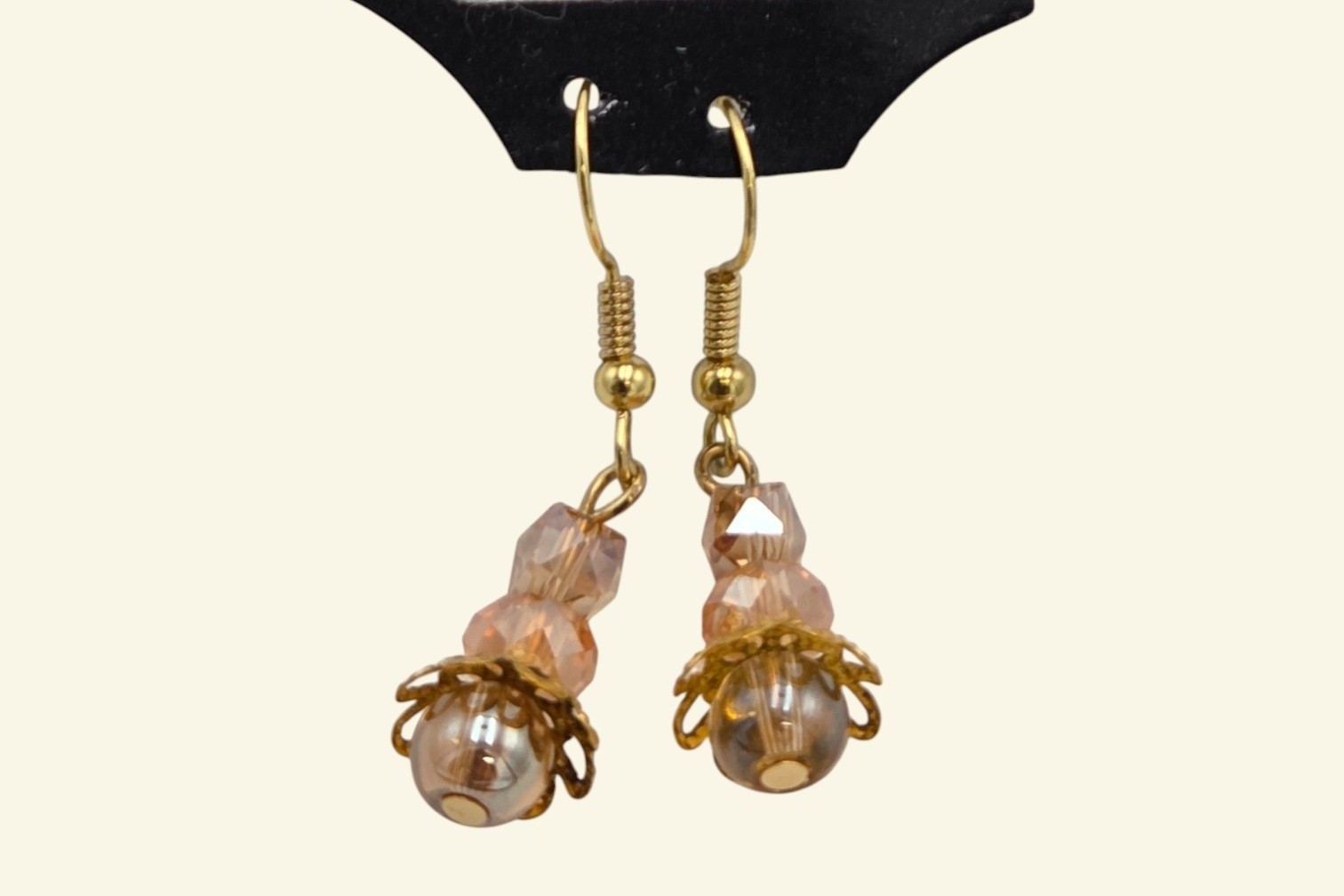 Gold-Tone Champagne & Clear Beaded Dangle Earrings with Filigree Accents
