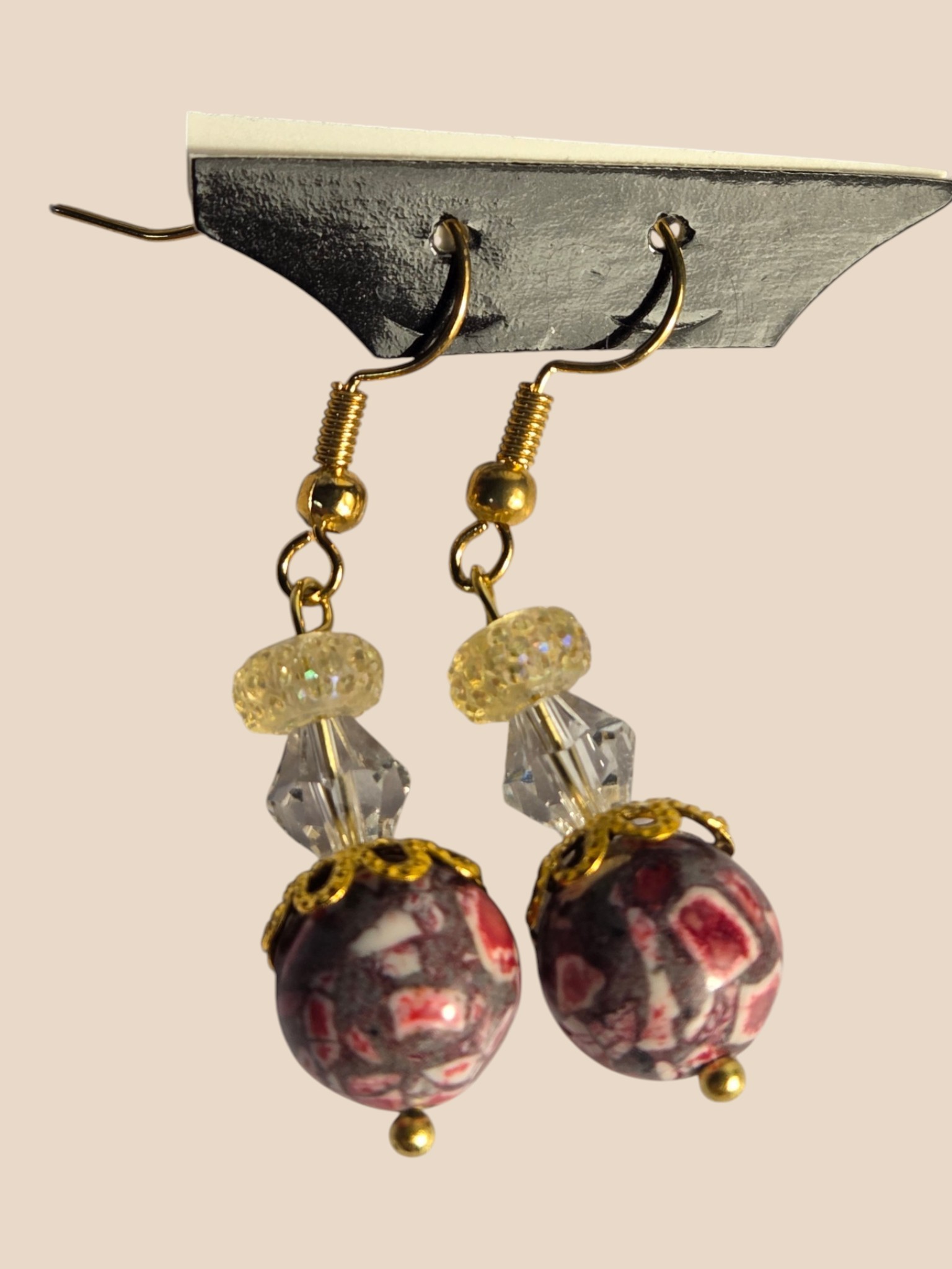 Gold-Tone Red & Cream Marbled Bead Dangle Earrings  Fishhook Pair