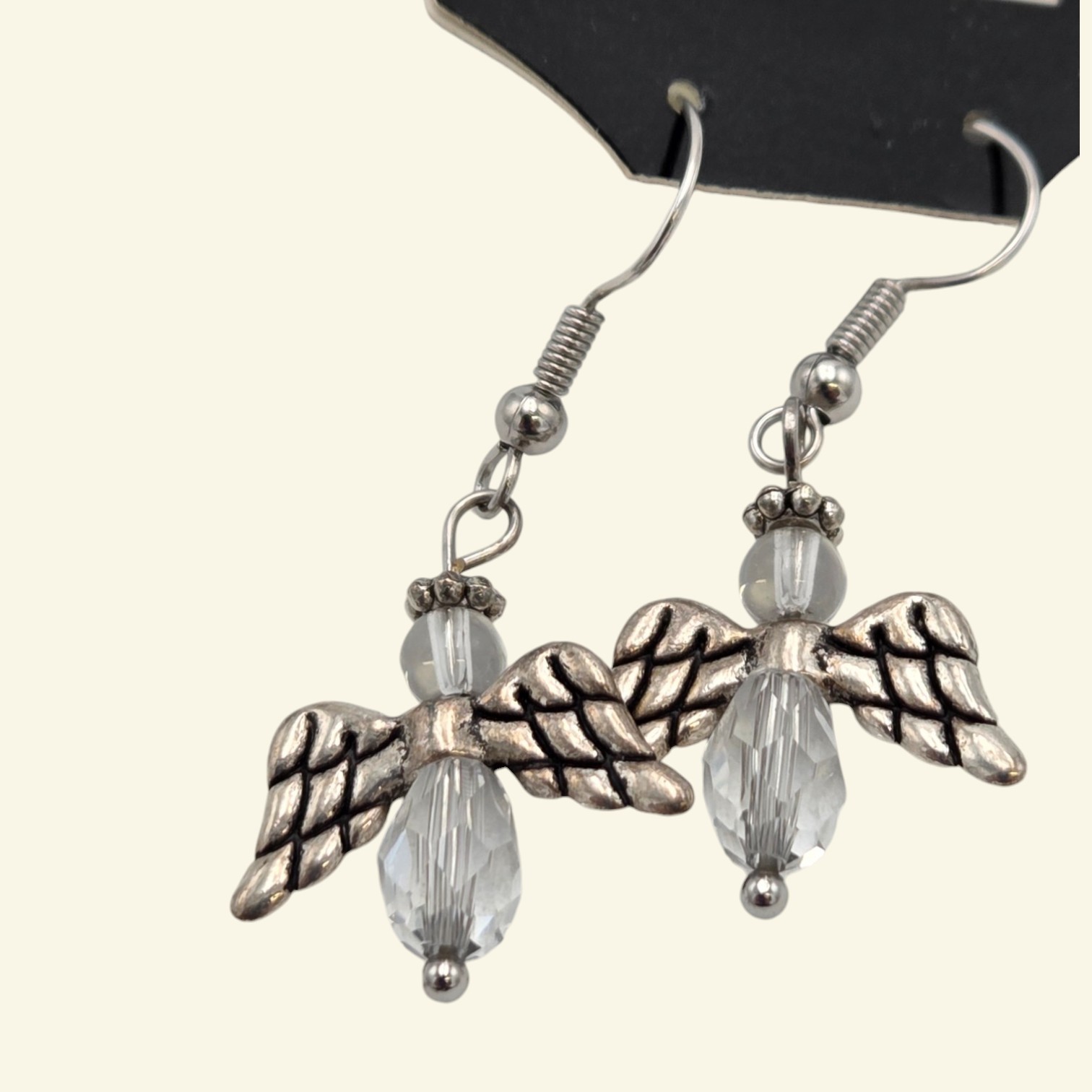Silver-Tone Angel Wing Clear Beaded Dangle Earrings  Fishhook Pair
