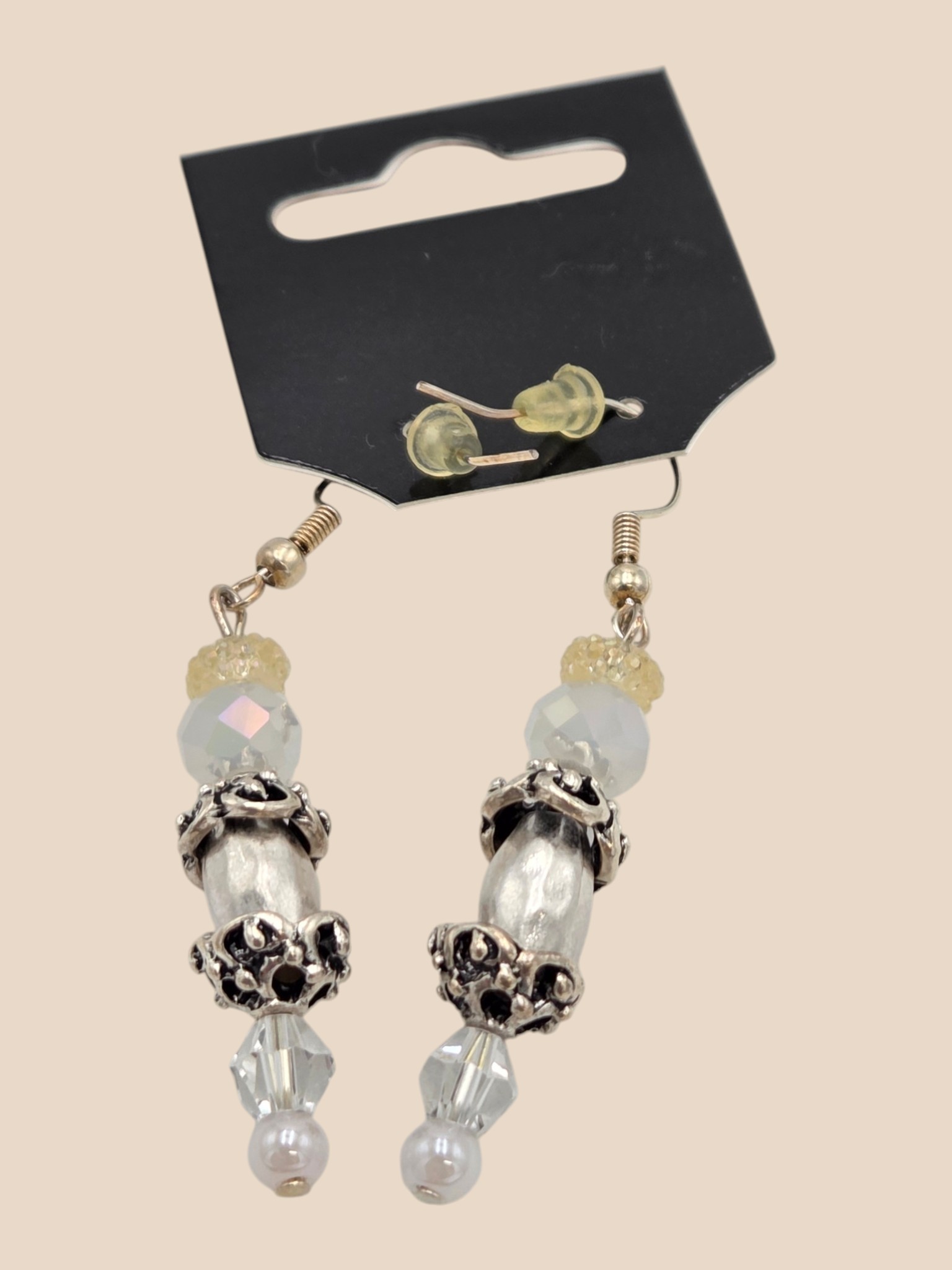 White Crystal, Pearl & Silver-Tone Beaded Dangle Earrings
