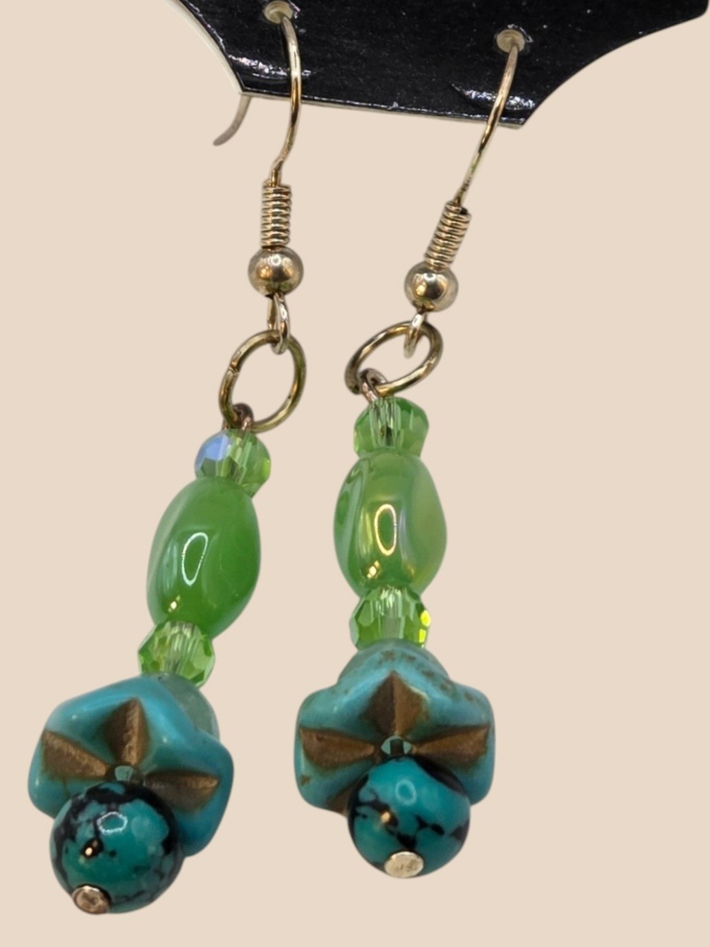 Green & Turquoise-Colored Beaded Gold-Tone Dangle Earrings