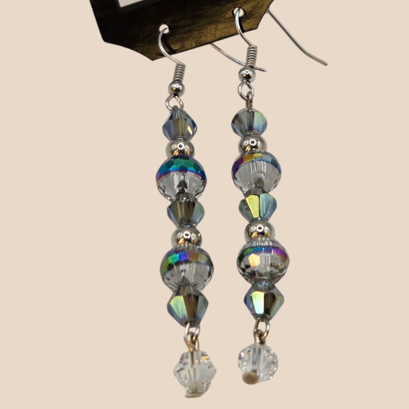Long Iridescent Faceted Bead Silver-Tone Dangle Earrings