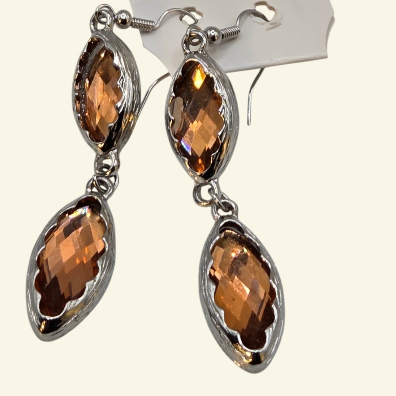 Amber Orange Faceted Double-Drop Dangle Earrings  Silver Tone