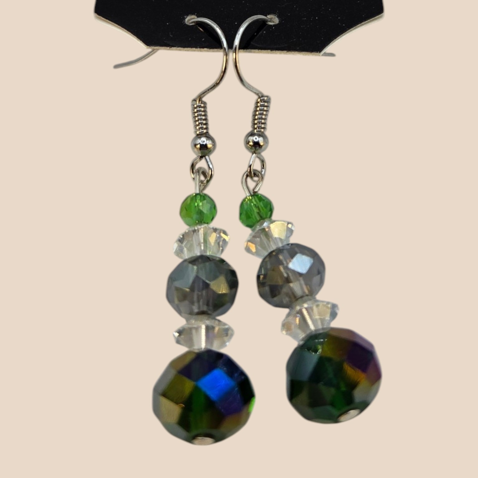 Green, Clear & Smoky Gray Faceted Bead Dangle Earrings
