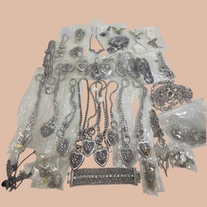 Large Lot Silver-Tone Costume Fashion Jewelry Necklaces Bracelets Heart Pendants Rhinestones