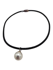 Black Cord Necklace with White Faux Pearl Pendant