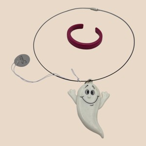 Ghost Pendant Wire Necklace & Purple Cuff Bracelet Jewelry Lot
