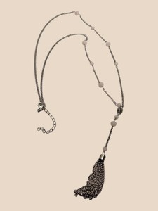 Silver-Tone Long Chain Tassel Necklace with White Beads & Rhinestone Accent