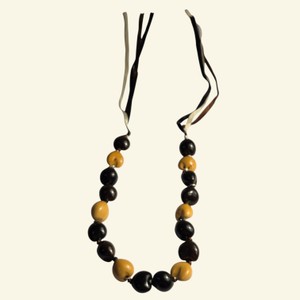 Chunky Black, Brown & Mustard Beaded Ribbon Tie Statement Necklace