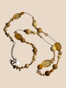 Tan, Cream & Amber Mixed Bead Statement Necklace with Stone Chip Accents