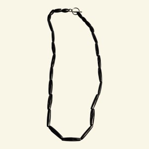 Black Carved Oval Bead Necklace with Silver-Tone Toggle Clasp