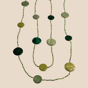 Long Green Seed Bead Necklace with Round Disc Accent Beads
