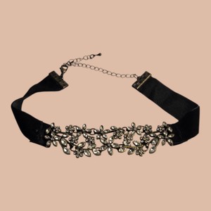 Black Ribbon Floral Rhinestone Choker Necklace with Extender Chain