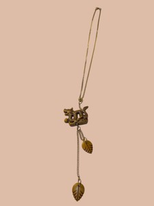 Chinese Dragon Pendant Necklace  Gold-Tone Chain with Dangling Leaf Charms