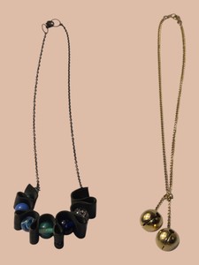 Lot of 2 Statement Necklaces  Black Ribbon Beaded & Gold-Tone Double Bell Pendants