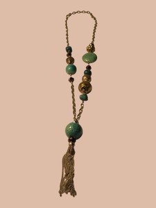 Turquoise & Black Beaded Statement Necklace  Gold-Tone Accents & Chain Tassel