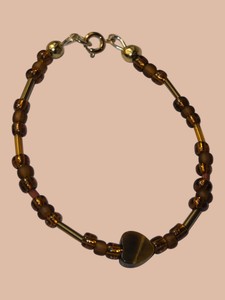 Brown & Gold-Tone Beaded Bracelet with Heart-Shaped Center Bead
