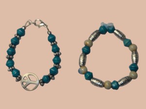 Lot of 2 Turquoise & Silver-Tone Beaded Bracelets  Peace Sign & Floral Beads