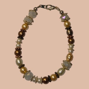 Gold, Bronze & Pearl Tone Beaded Bracelet with Faceted Crystal Accents