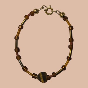 Brown & Gold Beaded Bracelet with Tiger Eye-Style Heart-Shaped Center Stone