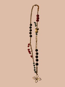 Mixed Beaded Statement Necklace  Red, Black & Turquoise Beads with Heart Lock & Flower Pendant